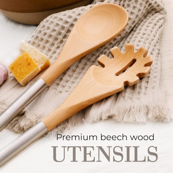 STYLED SETTINGS Wood Cooking Utensils Set with Stainless Steel Handles – 6-PC Durable Wooden Utensils for Cooking, Serving, & Mixing – Kitchen Utensils Set for Nonstick Cookware, Great for Gifting - Image 9