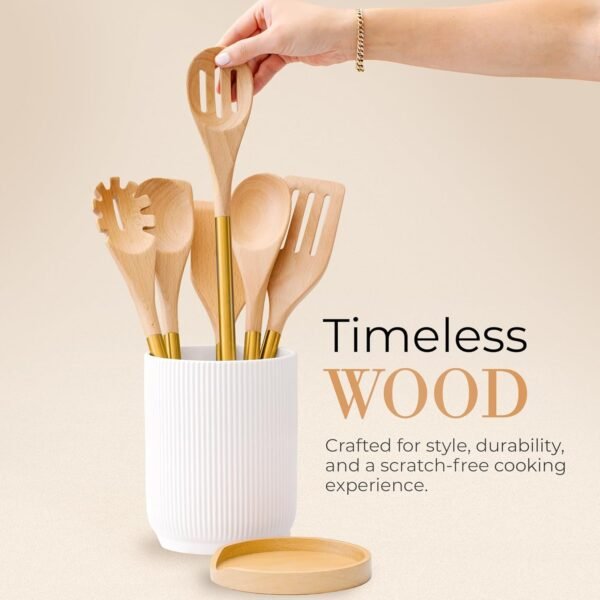Wooden Utensil Set with Gold Stainless Steel Handles - 6 Piece Wooden Cooking Utensils for Nonstick Cookware - Stylish Wood and Gold Cooking Utensils for Modern Kitchens - Great for Gifting - Image 8