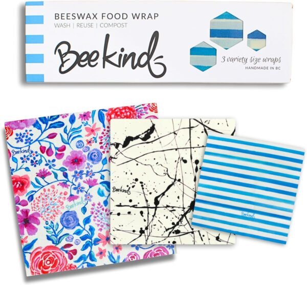 Bee Kind® Beeswax Food Wrap - 3 Pack (S,M,L) - Handmade in Canada - Handpainted Designs - Premium Quality (Liquorice)