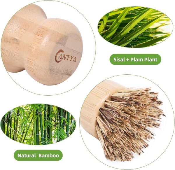 Bamboo Wok Brush - 6 Pcs Hard Palm Brush, Natural Dish Scrubber Brush, Kitchen Brush, Dish Scrub Brush, Bamboo Dish Brush for Cleaning Pans, Pots and Sink - Image 3