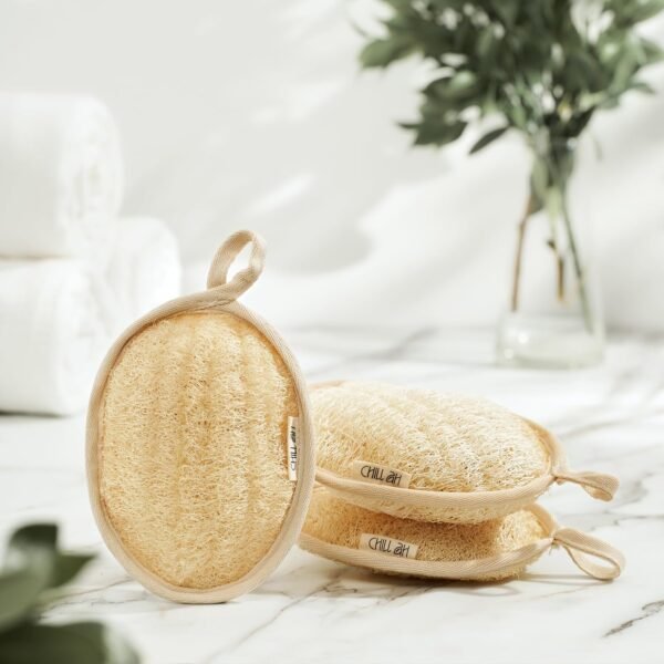 Chill Ah Green Glow All Natural Exfoliator Dual Sided Loofah Bath Sponge Set – 100% Plant-Based, dye-Free, Biodegradable, Scratch-Free, Handcrafted in Vietnam (2-Pack) - Image 2