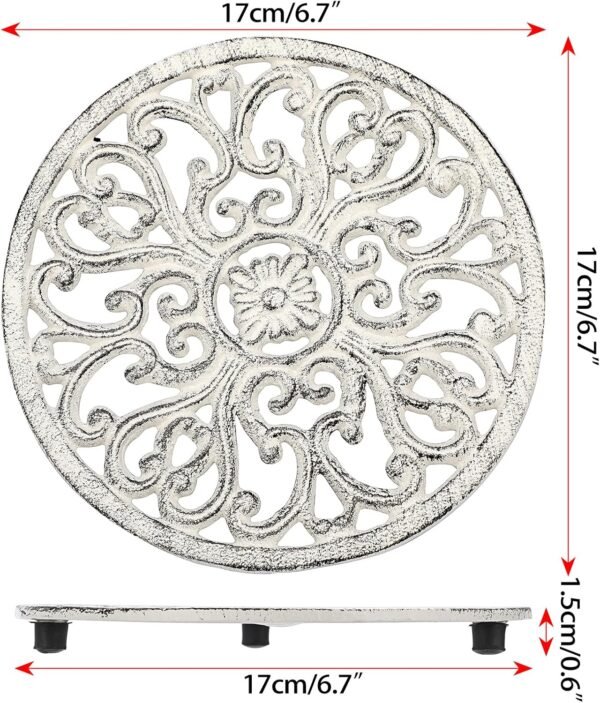 Sumnacon 2 Pcs Cast Iron Trivet 6.7 Inch Iron Trivet for Hot Dish Pot Pan Plate Teapot,Heat Resistant Cast Iron Trivet for Kitchen Dining Table Cooktop Stove,Retro White Round Trivet with Rubber Feets - Image 3