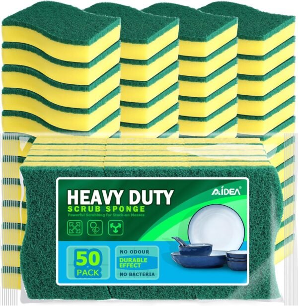 AIDEA Heavy Duty Scrub Sponge-50 Count, Cleaning Sponge, Kitchen Dish Sponge, Effortless Cleaning Eco Scrub Pads for Dishes,Pots,Pans All at Once