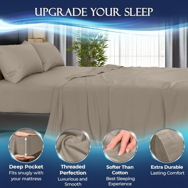 DECOLURE Cooling Sheets Queen Set 4pcs - Luxurious & Ultra-Soft Cooling Bed Sheets Queen Size for Hot Sleepers - Comfortable Bamboo Viscose Microfiber Queen Bed Sheets Set Cooling (Beige) - Image 3