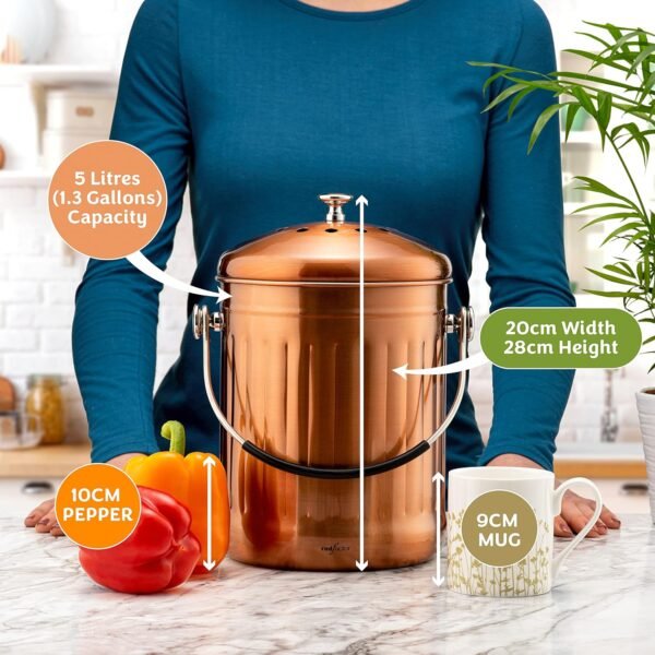RED FACTOR Premium Compost Bin for Kitchen Countertop - Stainless Steel Food Waste Bucket with Innovative Dual Filter Technology - Includes Spare Filters (Matt Copper, 1.3 Gallon) - Image 4