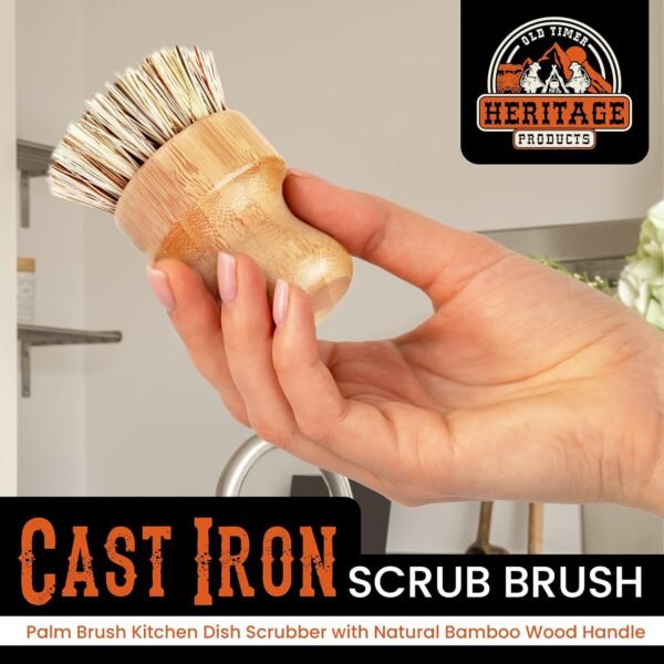 Heritage Products Cast Iron Scrub Brush, Palm Brush Kitchen Dish Scrubber with Natural Bamboo Wood Handle and Densely Packed Nylon Bristles Protects Nonstick Cast Iron Seasoning During Dishwashing - Image 3