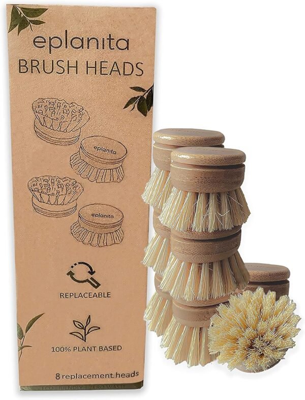 eplanita Replacement Brush Heads (Pack of 8) for Bamboo Dish Brush, Sisal Bristle Refills, Agave Cactus Fibres, Kitchen Eco Scrubber, Plastic Free Washing Up, Zero Waste Cleaning