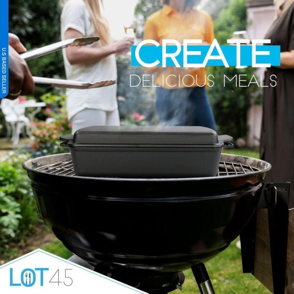 Lot45 Cast Iron Casserole Dish with Lid - 9 x 13 Double Dutch Oven Braising Pan with Lid - 6 Quart Preseasoned 2 in 1 Cast Iron Cookware Set with Braiser Pan and Flat Top Griddle Skillet Lid - Image 4