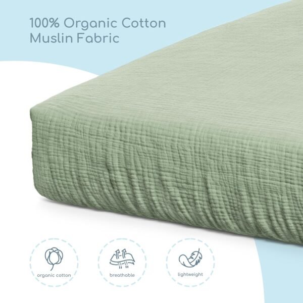 Muslin Crib Sheets, 100% Organic Cotton, Breathable and Ultra-Soft, Standard Crib Sheet Mattress (28"x 52") for Girls and Boys, Neutral Fitted Baby Crib Sheet (Sage Green) - Image 5