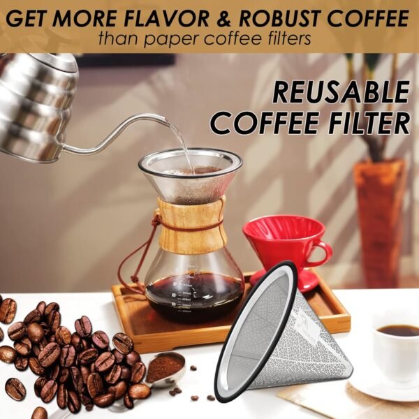 Pour Over Coffee Filter,Reusable 304 Stainless Steel Coffee Dripper,Wide Metal Base Perfect for Chemex Hario V60 Bodum & Other Coffee Makers Paperless Coffee Filter for Sustainable Brewing By TEEMADE - Image 2