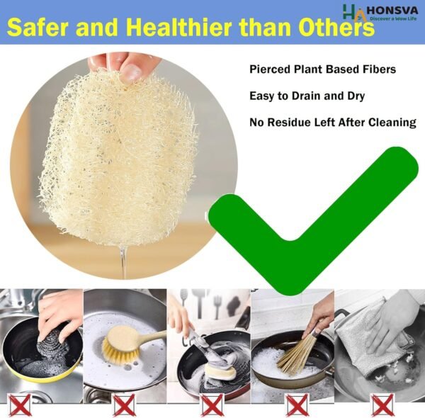 Natural Loofah Kitchen Sponge (3 Pcs) No Scratch Scrubber for Dishwashing, 100% Plant Fibers Vegetable Scrubber, Zero Waste and Eco Friendly Loofa, Square, Standard Size - Image 2