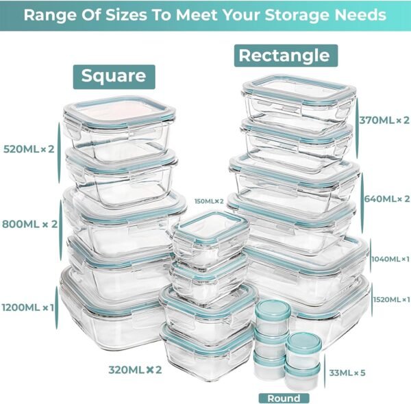 Razab 35 Pc Set Glass Food Storage Containers with Lids - Meal Prep Airtight Bento Boxes BPA-Free 100% Leak Proof (15 lids,15 glass & 5 Plastic Sauce/Dip Containers) - Image 2