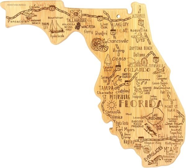 Totally Bamboo Destination Florida State Shaped Serving and Cutting Board, Includes Hang Tie for Wall Display