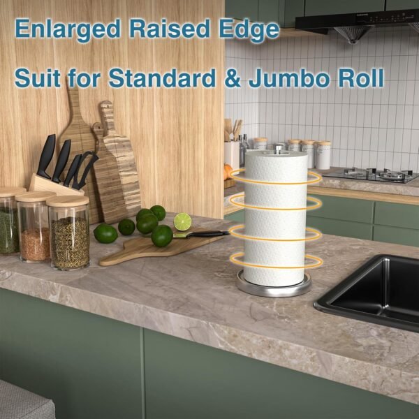 Paper Towel Holder Countertop, One-Handed Tear Paper Towel Holder Stand with Ratchet System, Stainless Steel Paper Towel Holder with Weighted Base for Kitchen Bathroom (Silver) - Image 2