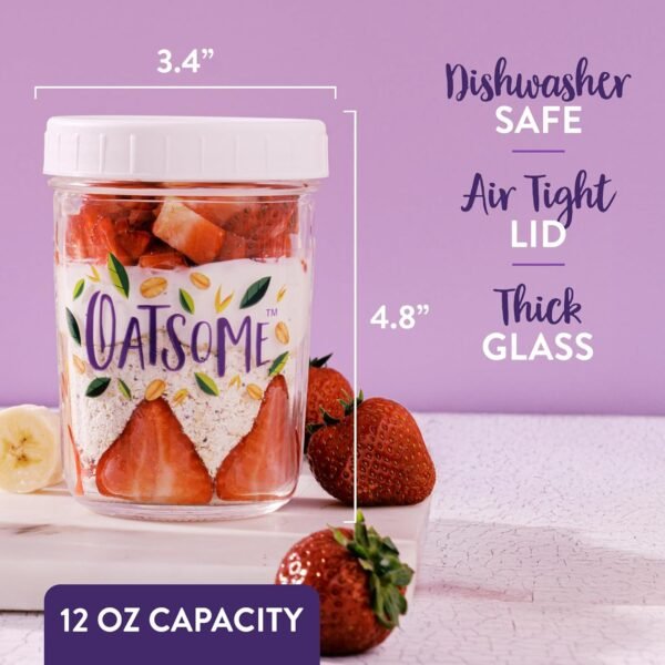 Oatsome 4-Pack 12 oz Overnight Oats Containers with Lids, Glass Storage Containers with Lids, Wide Mouth Mason Jars for Food Storage, Oatmeal, Snacks, Cereal, Yogurt, Sugar - Image 2