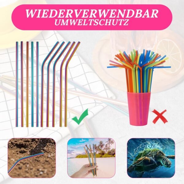 10 PCS Reusable Straws Metal Rainbow Color Metal Drinking Straws Straight & Curved Metallic Reusable Stainless Steel Straws Combinations for Tumblers with 2 PCS Cleaning Brushes for Cocktails Iced Tea - Image 3
