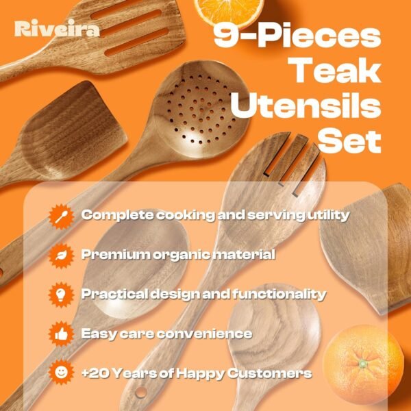 Riveira 9 Pieces Teak Wooden Spoons For Cooking – Premium & Durable Organic Teak Wooden Cooking Utensils – Non Stick Wooden Spatula For Cooking – Non Toxic Wooden Utensil Set With Holder & Spoon Rest - Image 4