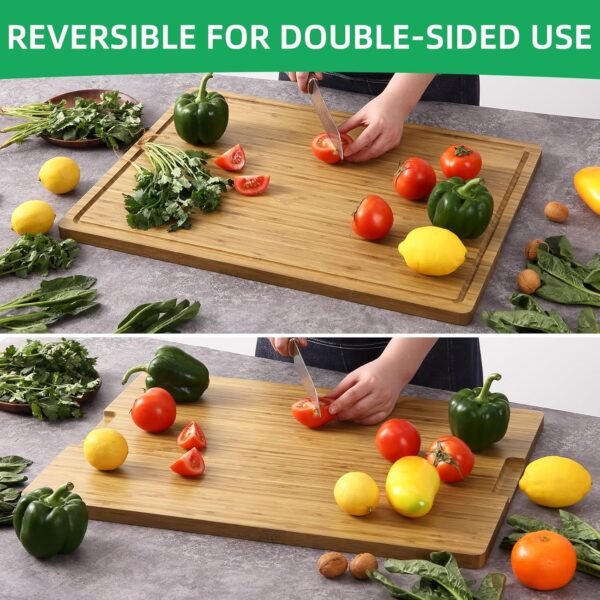 24x18 Inch Large Cutting Board for Kitchen, Bamboo Wood Butcher Block Chooping Board with Handles and Juice Grooves, Reversible Cheese Board Charcuterie Serving Tray - Image 3