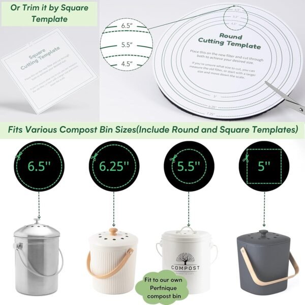 Perfnique Compost Bin Charcoal Filters, 12 Pack Filter Replacement for Compost Bucket, Kitchen Compost Bin Countertop Filters, Longer Lasting Activated Carbon Filters for Kitchen Pail Composter - Image 2