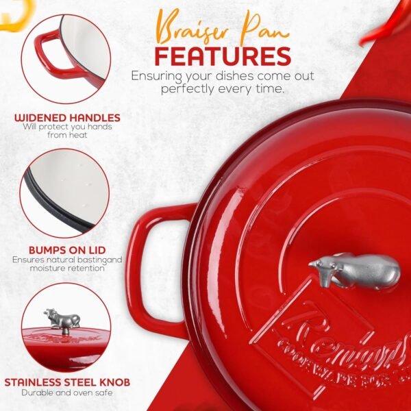 3.5 Qt Enameled Cast Iron Braiser Pan with Lid - With Customizable Knobs & Silicone Heat Grippers - Dutch Oven Cast Iron for Stir Fry & Baking - Braising Pan with Lid Oven Safe Upto 500F - Image 2