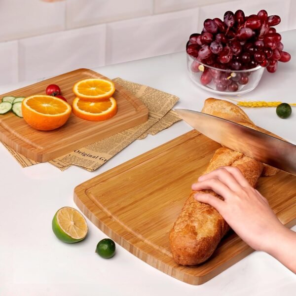 Bamboo Cutting Board Set of 2 - Cutting Board with Juice Groove, Double-Sided Cutting Board for Kitchen, Bamboo Serving Board Chopping Board for Meat, Vegetables and Cheese - Image 4