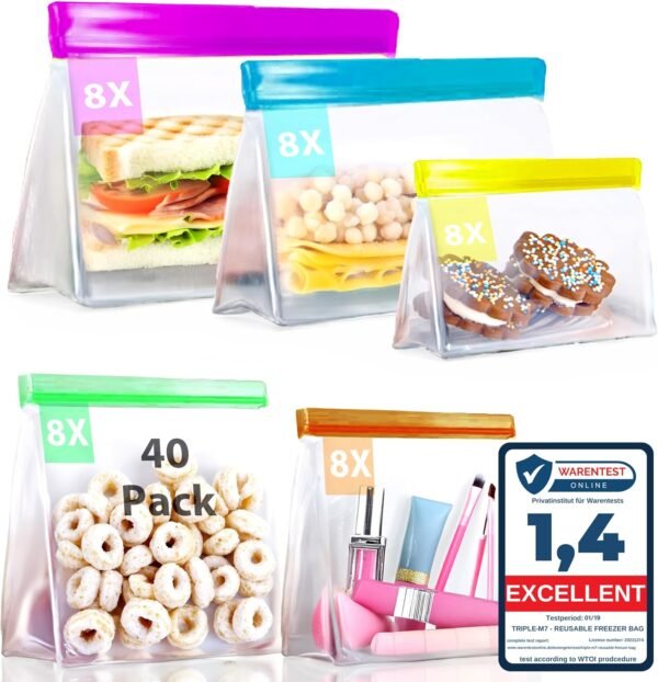 Triple-M7® 40 Pack Cereal Storage Bags Stand Up Reusable Gallon Freezer Bag Leakproof Ziplock Various Size Colors BPA Free Silicone Set Meals Lunch Sandwich Snack Home Organization Food