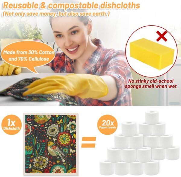 Lucomb 8 Pack Swedish Dishcloths for Kitchen, Reusable Soft Kitchen Towels Dish Cloths Set Absorbent Sponge Cleaning Washable Quick Drying Bar Hand Washing (Birds Flowers) - Image 6