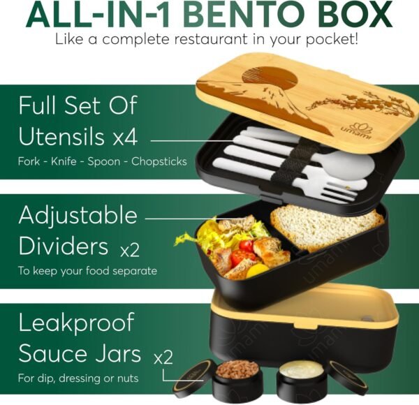 Umami Lunch Container for Adults All-In-1 w/ 4 Utensils, 2 Sauce Jars & 2 Dividers, Real Bamboo Lid, 100% Leakproof, Microwave & Dishwasher Safe - Image 2