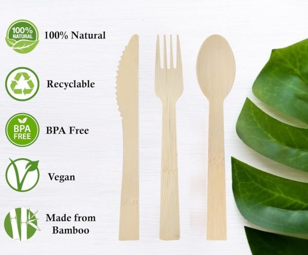 Disposable Bamboo Cutlery Sets - 150 Piece Total: 50 Forks, 50 Spoons, 50 Knives, 6 Inch Length Ecological Biodegradable Compostable Bamboo Utensils Bamboo Cutlery - Image 3