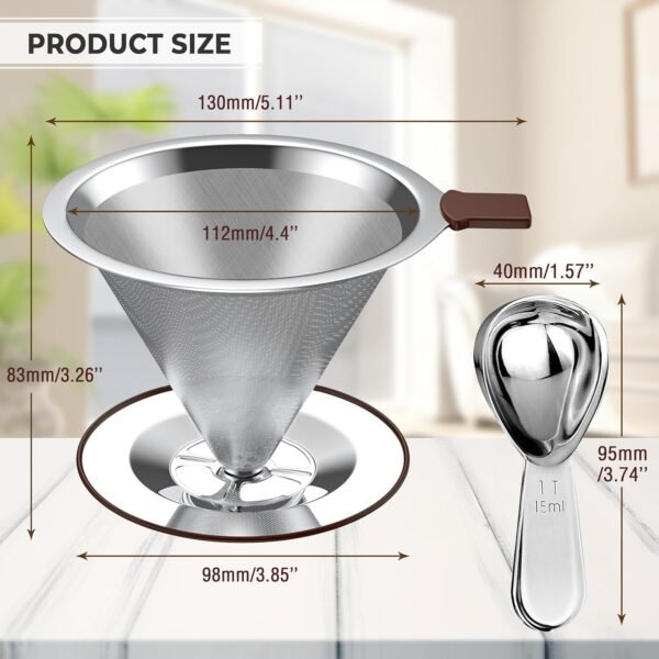 Pour Over Coffee Dripper | Reusable Cone Coffee Filters | Stainless Steel Coffee Filter | Fine Mesh Double Layer | Paperless Pour Over Coffee Maker 2-3 Cups | 15ml Coffee Bean Spoon - Image 2