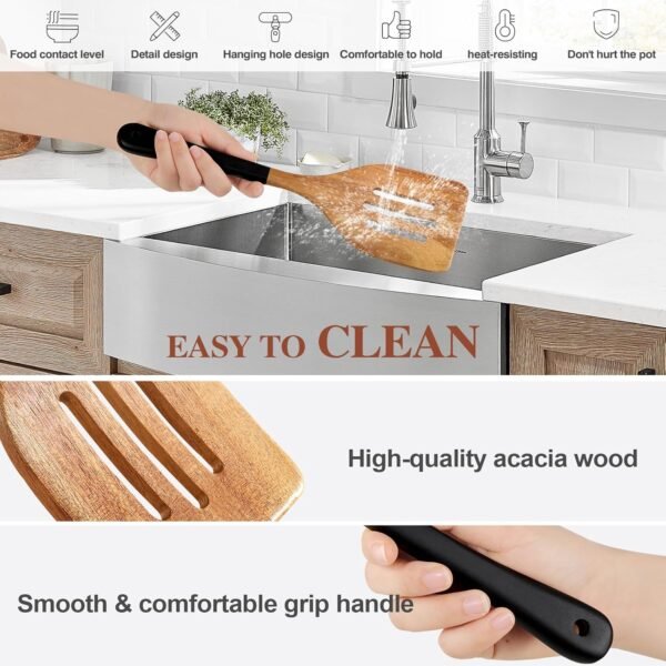 Wooden Spoons For Cooking, 6 PCS Natural Acacia Wooden Cooking Utensils or Non-Stick Wooden Kitchen Utensil Set for Kitchen Essentials, Smooth Grip Wooden Cooking Spoons with Hanging Hole, Black - Image 4