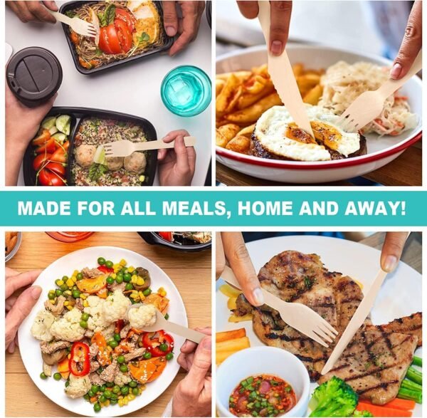 Compostable Cutlery Set - 500 Pieces Wooden Compostable Utensils - [200 Spoons, 200 Forks, 100 Knives] - Disposable Wooden Cutlery, Eco Friendly Forks and Spoons, Disposable Cutlery Set Party Utensils - Image 5