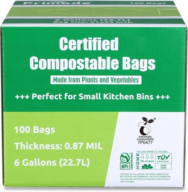 Primode Compostable Bags, 6 Gallon Food Scraps Yard Waste Bags, 100 Count, Extra Thick 0.87 Mil. ASTMD6400 Compost Bags Small Kitchen Trash Bags, Certified By BPI And TÜV AUSTRIA, - Image 2