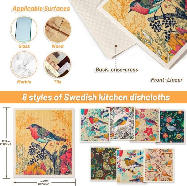 Lucomb 8 Pack Swedish Dishcloths for Kitchen, Reusable Soft Kitchen Towels Dish Cloths Set Absorbent Sponge Cleaning Washable Quick Drying Bar Hand Washing (Birds Flowers) - Image 3