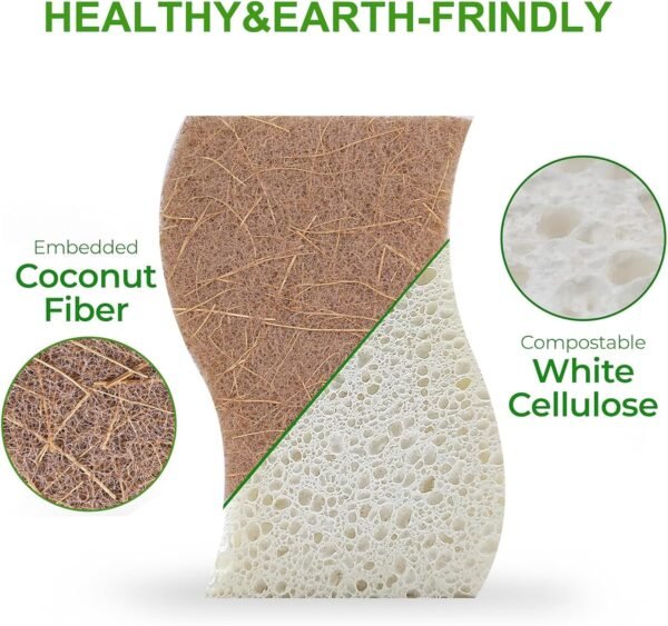 Natural Kitchen Sponge Dish Sponge for Kitchen Coconut Fiber and Wood Cellulose Scrubbing Sponges for Heavy Duty Kitchen Grime S Shape Kitchens Sponges 10 PCs - Image 3