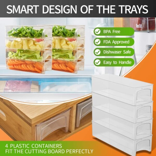 Bamboo Cutting Board with 4 Containers, Large Chopping Board with Juice Grooves, Easy-grip Handles & Food Sliding Opening, Carving Board with Trays for Food Storage, Transport and Cleanup - Image 4