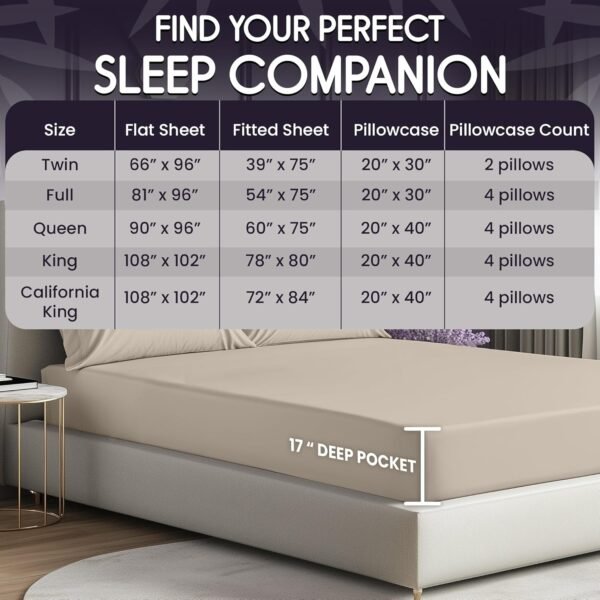 SLEEP SANCTUARY 100% Organic Viscose Derived from Bamboo Sheets Queen Size 6pcs - Ultra Soft & Cooling, 17" Deep Pocket, Double Stitching, Perfect for Hot Sleepers - Queen Bed Sheets (Taupe) - Image 5
