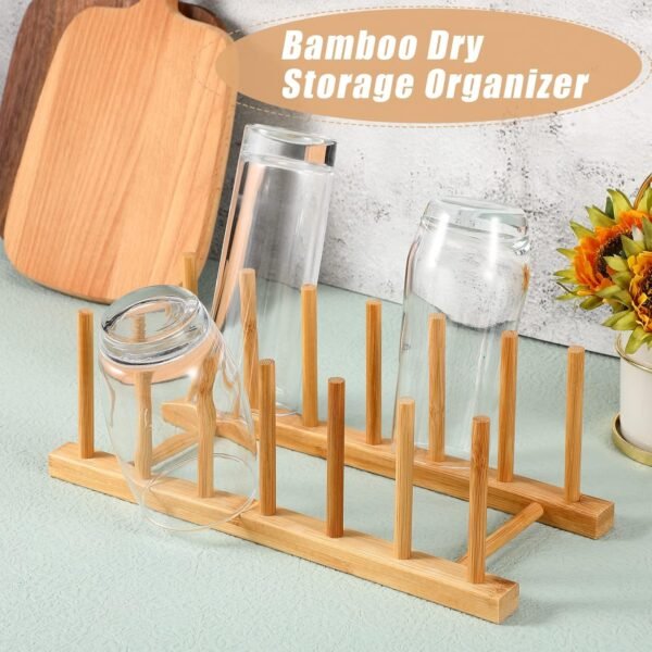 Yinkin 2 Pcs Bamboo Wooden Plate Rack Dish Drying Rack Wood Pot Lid Holder Stand Kitchen Cabinet Organizer for Bowl Cup Cutting Board - Image 5