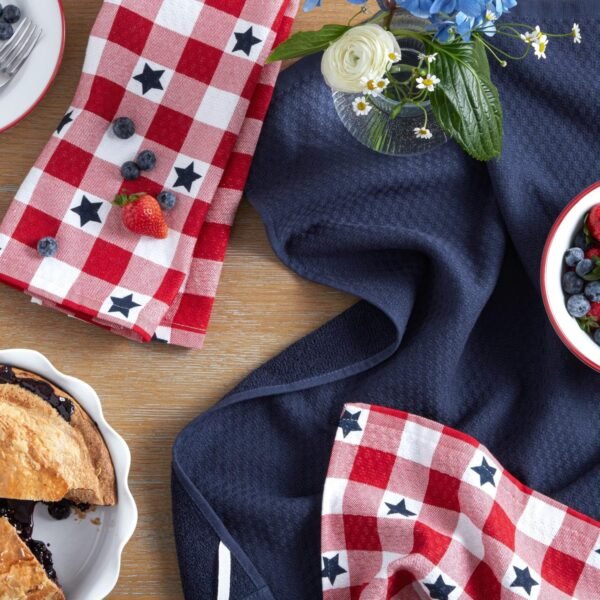 Martha Stewart Americana Star Gihgham Holiday Kitchen Towels 3-Pack Set, 100% Cotton, Absorbent, Patriotic USA America Decor, Red/White/Blue, 16"x28" - Image 2