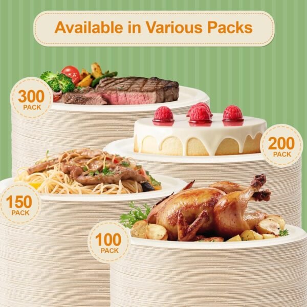 Paper Plates, Compostable Heavy Duty Disposable 9 Inch Plates - Eco-Friendly, Biodegradable Sugarcane Bagasse, Natural Unbleached Brown 9" Dinner Paper Plate Disposable (9inc-300Pack) - Image 5