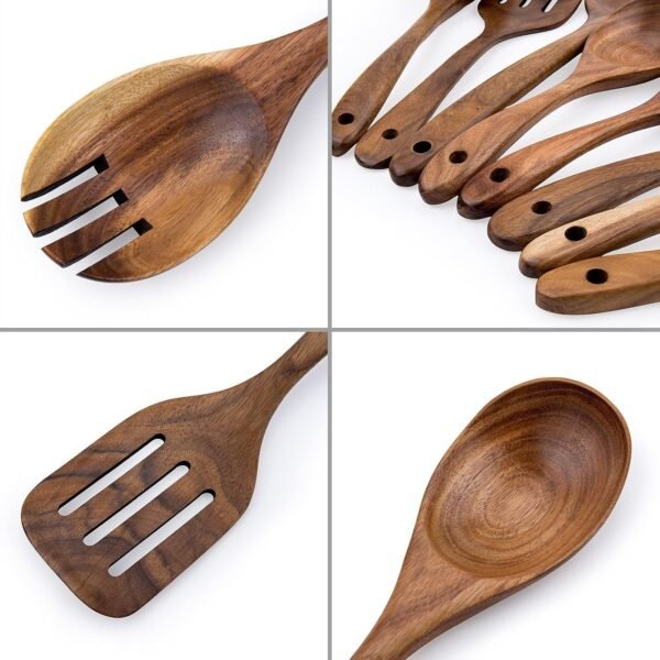 Kitchen Utensils Set 8 Piece Teak Wooden Cooking Utensil Set Non-Stick Pan Wood Spoons and Spatula Cookware for Home Everyday Use &Kitchen Tools - Image 6