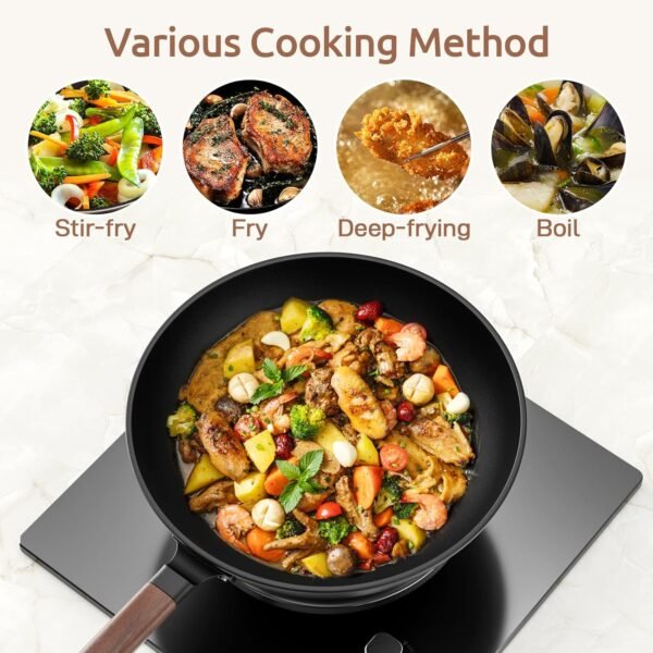 Carbon Steel Wok, 13-Inch, Pre-Seasoned, Non-Stick, with Lid and Spatula, Flat Bottom, Ideal for Stovetop Cooking - Image 5