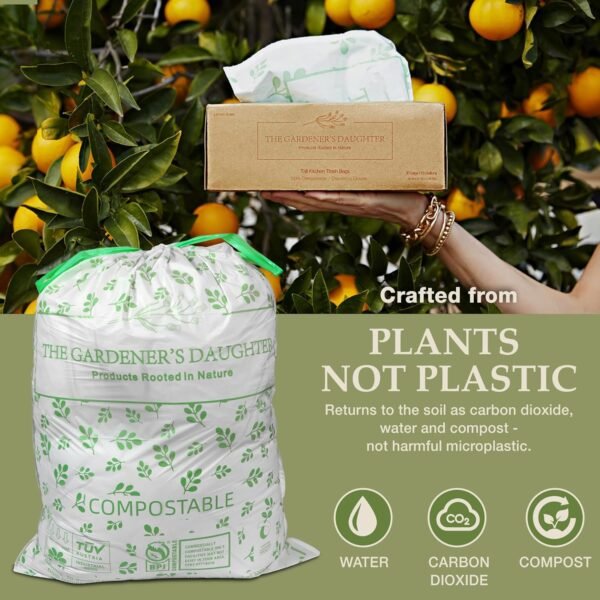 The Gardener's Daughter Compostable Trash Bags - 13 Gallon, 30 Count, Extra Strength, White, Drawstring Kitchen Waste Bag, BPI and TUV Certified, OK Home Compostable - (Evergreen) - Image 3