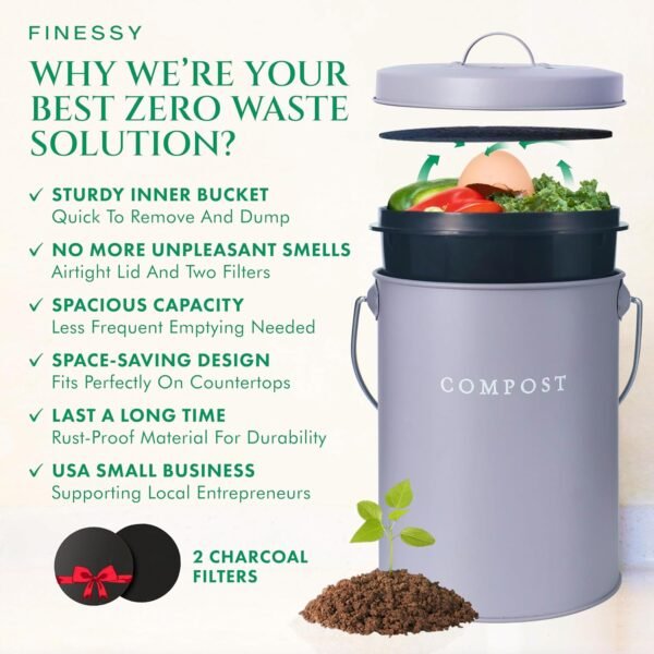 FINESSY Indoor Compost Bin Kitchen Counter Odorless, Countertop Compost Bin with Lid, Kitchen Compost Bin Countertop, Kitchen Compost Bin, Compost Bucket with Lid for Kitchen, Composting Bin Kitchen - Image 2