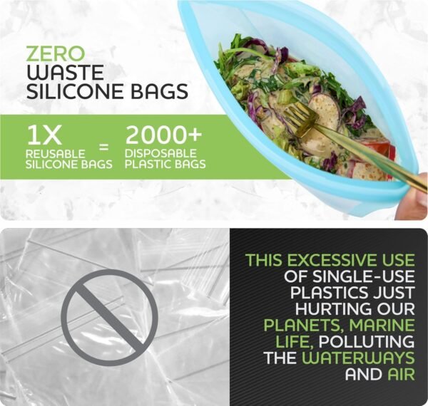 Reusable Silicone Food Storage Bag, Set of 6 White Stand Up Food Storage Container, Reusable Zipper seal bag, no lid required, for Food Storage& Meal Prep, Freezer Oven Dishwasher - Safe - Image 4