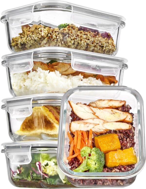 Vtopmart 5Pack 22oz Glass Storage Containers with Lids, Meal Prep Food Containers Sets, Glass Lunch Containers Bento Box with Snap Airtight Lids for Microwave, Oven, Freezer and Dishwasher