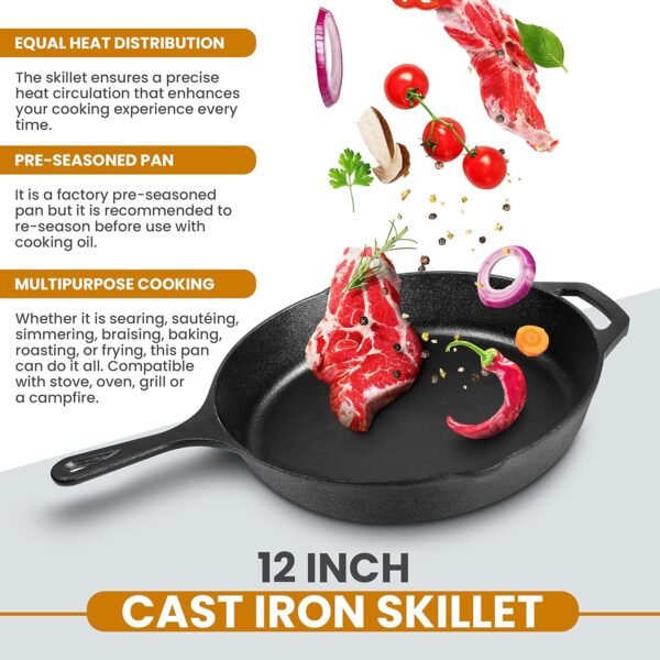 Utopia Kitchen 12 inch Saute Fry Pan Pre-Seasoned Cast Iron Skillet With Lid, Frying Pan, Cast Iron Pan, Safe Grill Cookware for Indoor & Outdoor Use - Black - Image 4