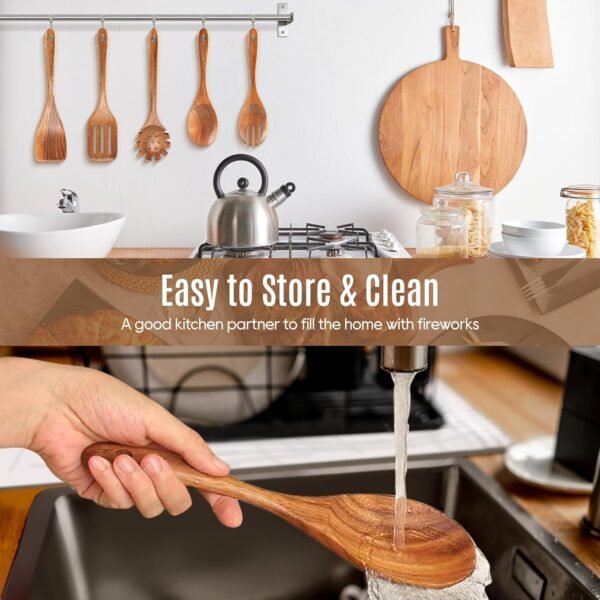 5 PCS Wooden Spoons for Cooking Natural Teak Kitchen Utensils Smooth Non-Stick Surface Cooking Utensils Set Soft Comfort-Grip Wooden Utensils for Cooking - Image 4
