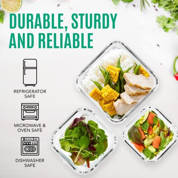 Razab 6 PC Square Glass Food Storage Containers with Airtight lids (74, 40 & 27 oz) Kitchen Glass Meal Prep Containers Set for Freezer Reusable Leftover Lunch Boxes, Oven, Microwave, Dishwasher Safe - Image 9