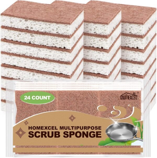 HOMEXCEL Natural Scrub Sponges Kitchen 24 Pack, Non-Scratch Cleaning Sponges for Dishes, Cellulose Sponges Safe on Non-Stick Cookware, Dual Sided Dish Sponge for Washing Dishes, Kitchen and Household